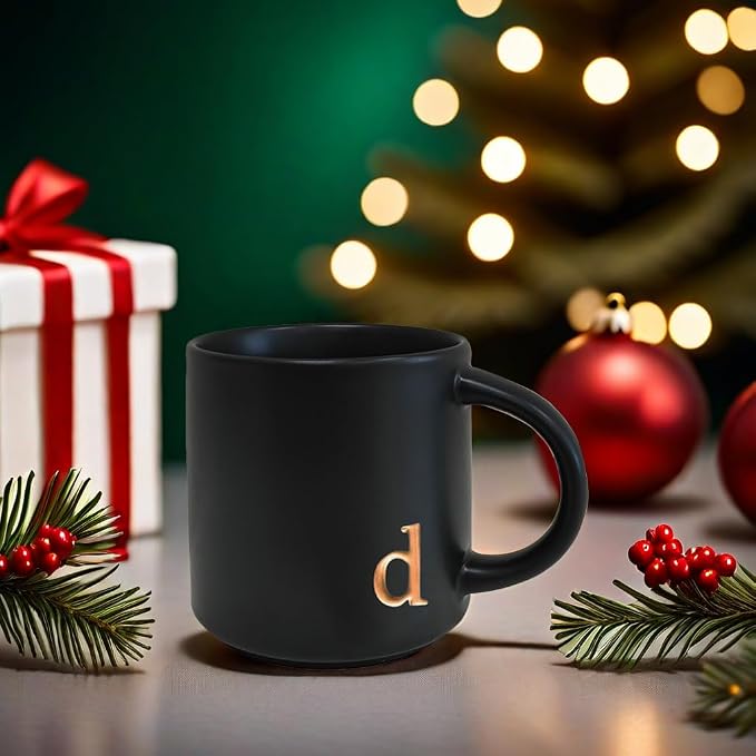 COLLECTIVE HOME Black Ceramic Coffee Mug, 15 oz Golden Monogram Tea Cup | - Image 5