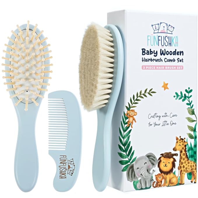Baby Hair Brush Set for Newborns - Baby Brush and Comb Set - Ultra Soft Goat Hair Bristles, Perfect for Cradle Cap, Newborn Showers & Registries Gift, Comb Brush for Girls & Boys (Sky)