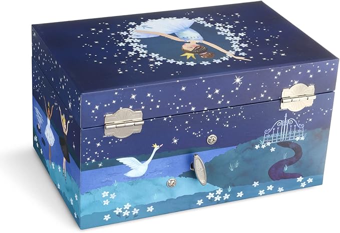 Jewelkeeper Girl's Ballerina Musical Jewelry Storage Box with Pullout Drawer, Glitter Design, Swan Lake Tune Blue