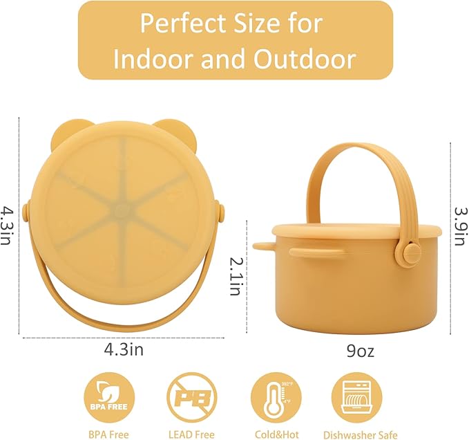 Snack Cups for Toddlers, Baby Snack Containers, Silicone Toddler Snack Cups No Spill, Food Catcher with Lid & Bucket-like Handle, BPA Free & Dishwasher Safe, 9 Ounce Mustard