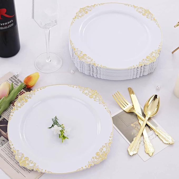 25 Pack 7.5 Inch golden Rim Plastic Plates, Heavy Duty Disposable White Dessert - Image 4