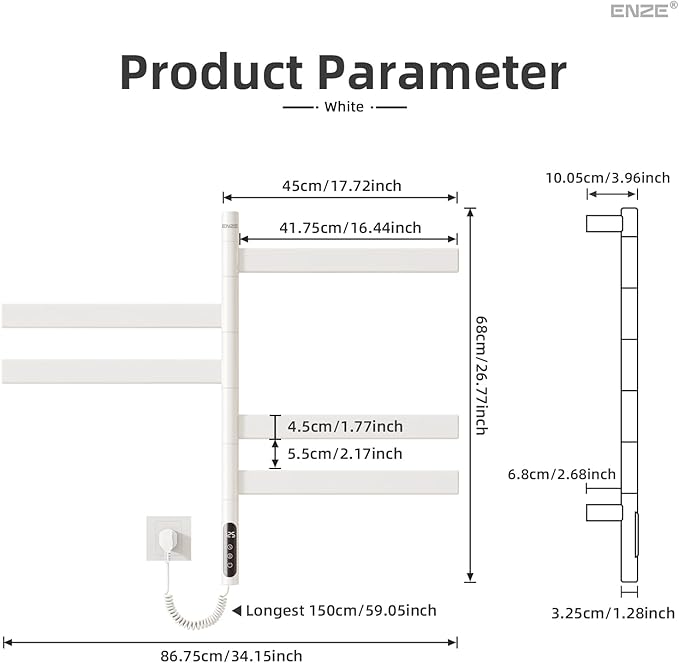 ENZE Smart Rotating Heated Towel Rack for Bathroom, Wall-Mounted Electric Towel Dryer with Swivel Bars, Smart Timer, Low Carbon Steel, IPX5, Plug-in/Hardwired, Towel Warmer with Wi-Fi App Control