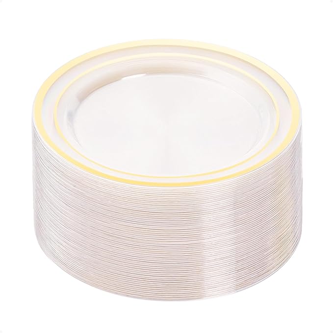 BESTVIP 50Pcs Clear Gold Plastic Plates, 10.25 Inch Disposable Plates | Heavy by Bestvip