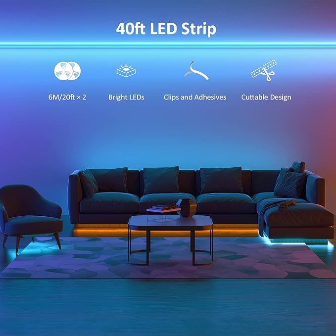 NOVOSTELLA 40ft RGB Smart LED Strip Light kit, Flexible Color Changing 360 Units SMD 5050 LEDs, 24V Tape with 24 Key Remote, Dimmable LED Ribbon for Home Lighting Kitchen Bar,UL Listed Power Supply
