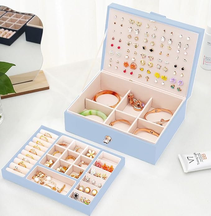 Girls Jewelry Box Earring Holder Organizer for Girls Jewelry Organizer Box Stud Earrings Organizer for Girls Womens Blue Jewelry Box for Earrings and Necklaces Rings Stud Earrings Box for Teen