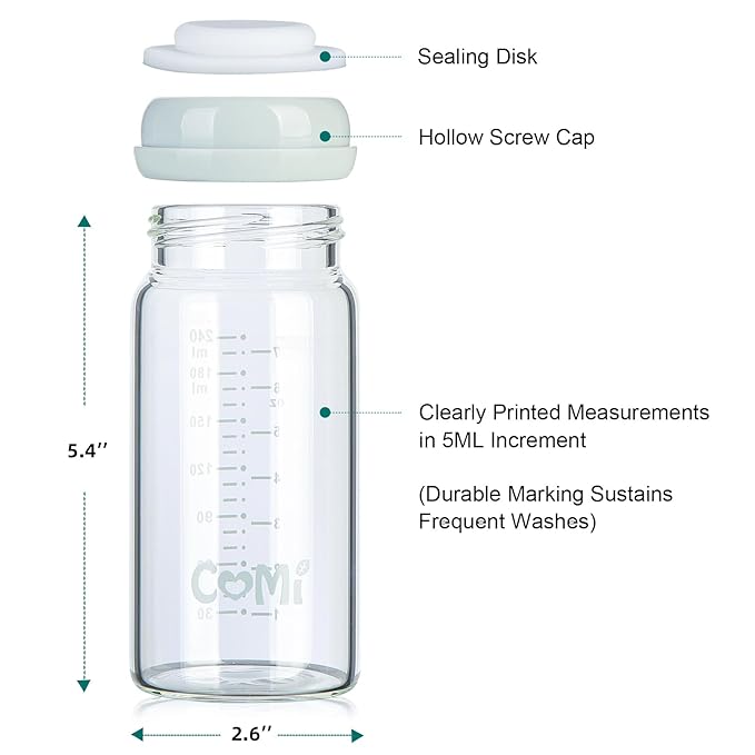 COMI Wide Neck Glass Breastmilk Collection n Storage Bottle, 8oz with Screw Ring Sealing Disk; Re-markable Sealing Disc. BPA Free, Fits Breast Pumps & Nipples (6 Gray Lids)