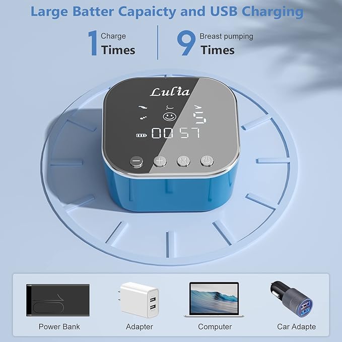 Double Electric Breast Pump Strong Suction, Portable Breast Pump Electric Breastfeeding Pump, Rechargeable Milk Pump with 4 Modes & 9 Levels, Low Noise, Anti-Backflow & LED Display, 24mm Flange, Blue