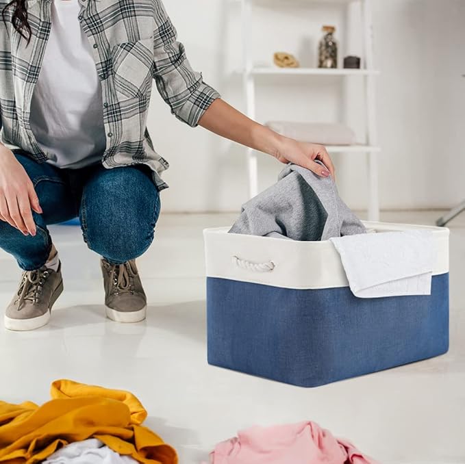 Organization and Storage Bins for Shelves - 2 Pack 17X15X12 inch Canvas Storage Cubes Collapsible Baskets for Organizing with Handles, Storage Box for Cloth Decorative (White & Blue)
