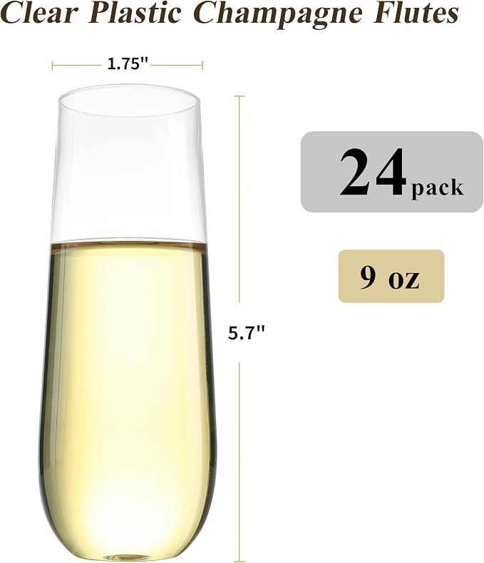 Bestluck 24 Pack 9 oz Clear Stemless Plastic Champagne Flutes | Clear - Image 2