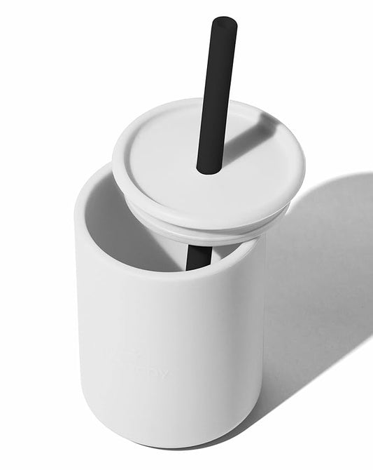 Avanchy Silicone Training Sippy Cup with Straw Lid – For Babies 6+ Months to Toddlers 1 Year Old – 8 oz Infant Water Cup for Baby Led Weaning, White