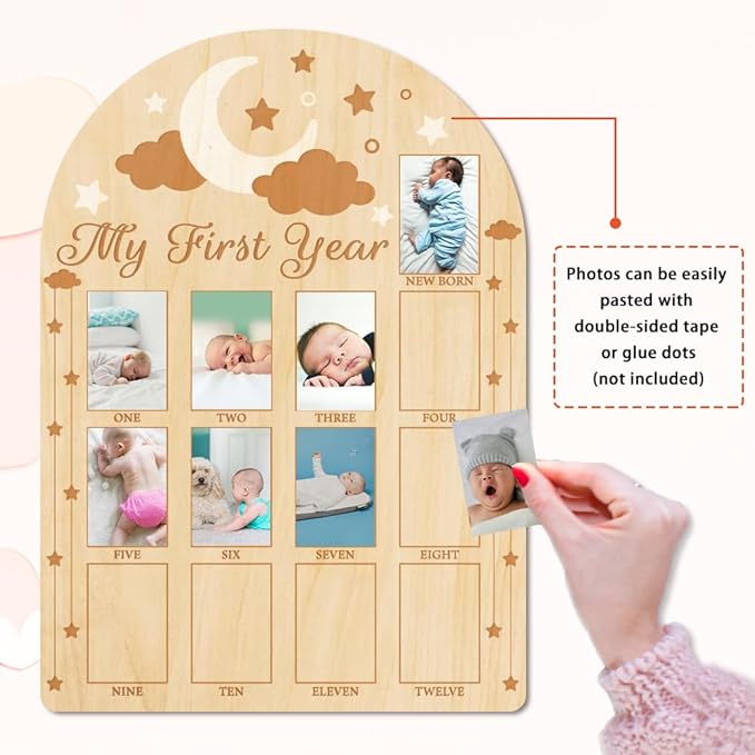 ORIGACH My First Year Baby Growth Photo Display Wood Board - 12 Months Newborn Milestones Photo Board - Neutral Baby Keepsake Frame 1st Birthday Party Nursery Decor New Mom Gift - Moon Star & Cloud
