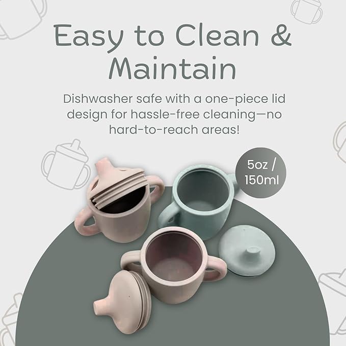 Silicone Sippy Cups with Easy Grip Transition Handles and a Soft Spout. A Non Toxic No Spill Unbreakable Training Cup. 150ml/5oz |2-PACK Green and Sandy Shore|