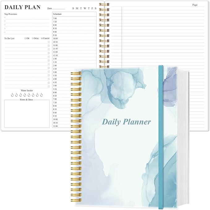 Daily Planner Undated - 8.5" x 11" To Do List Notebook Hourly Schedules, 150 Sheets/300 Pages Spiral Appointment Planner for Women and Men ,PVC Hardcover, Inner Pocket, Elastic Closure, Blue