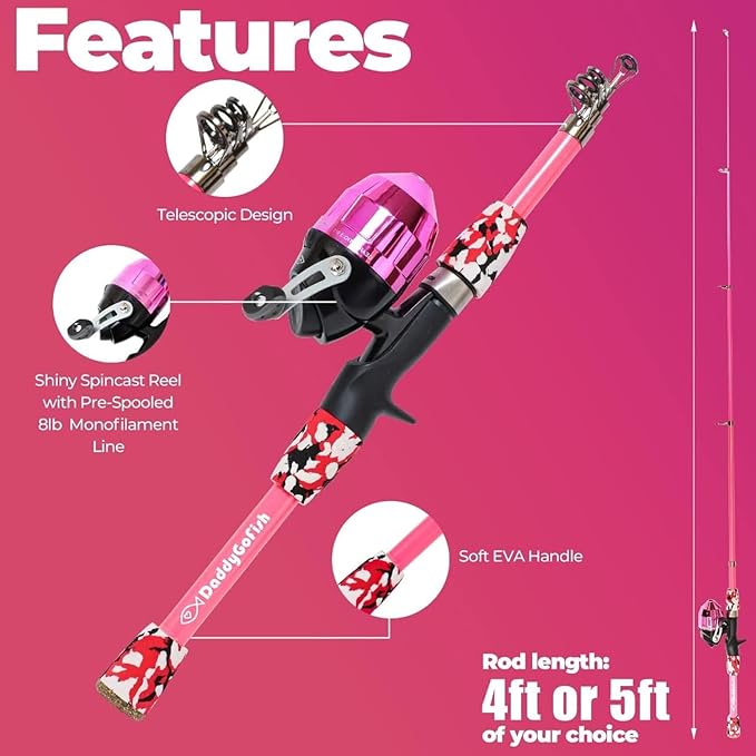 DaddyGoFish Kids Fishing Pole - Rod Reel Combo Tackle Box Starter Set - First Year Small Gear Kit for Boys Girls Toddler Youth Age Beginner Little Children