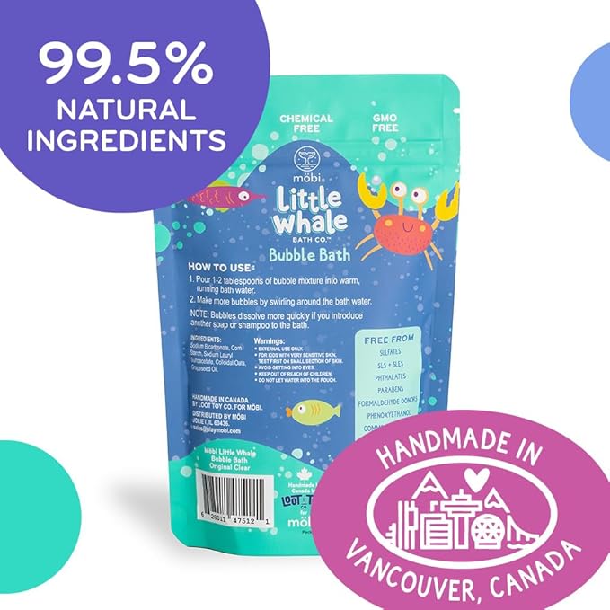 Mobi Little Whale Bubble Bath, Tropical Fruity Scent Kids Body Wash, Gentle Moisturizing Tub Foam for All Skin Type, GMO-Free, Stain-Free, Clear, 8 fl oz