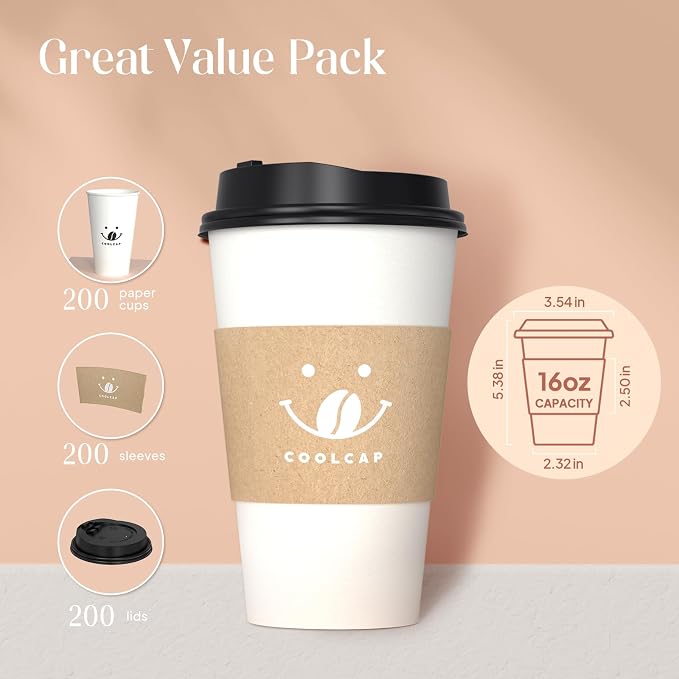 Coffee Cups with Lids and Sleeves, 16 Ounce 200 pack To Go Coffee Cups with Lids - Image 2
