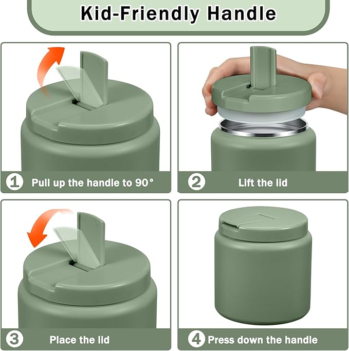 26oz Kids Jar for Hot Food, Insulated Vacuum Food Jar with Buckle Lid, Stainless Steel Wide Mouth Leak Proof Insulated Lunch Container for School Picnic Travel, Green