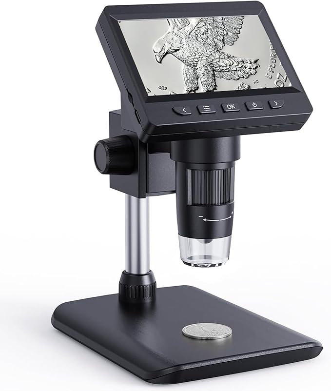 Digital Microscope, Coin Microscope with Light Adjustable Brightness 4.3" HD LCD Screen, 1000X Zoom PC View, Compatible with MacOS & Windows - Black