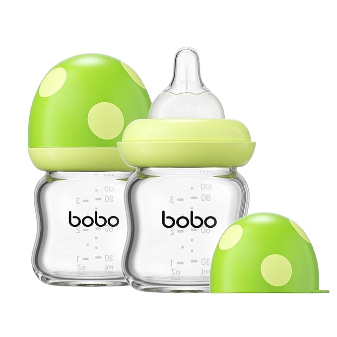 YOHKOH Natural Glass Baby Bottle with Natural Response Nipple, Newborn Anti-Colic Baby Bottles, Wide Neck Mushroom Cap Baby Bottle, Clear (Green, 3.4oz (Pack of 2))