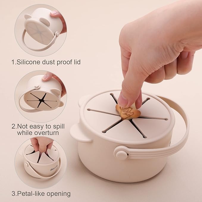 Snack Cups for Toddlers, Baby Snack Containers, Silicone Toddler Snack Cups No Spill, Food Catcher with Lid & Bucket-like Handle, BPA Free & Dishwasher Safe, 9 Ounce Creme