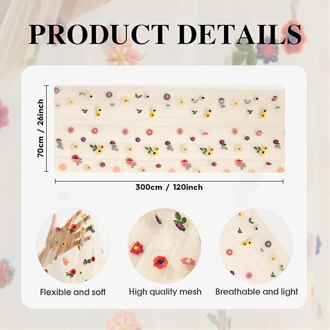 Artoid Mode Beige Apricot Floral Gauze Embroidery Table Runner 120Inch 10FT | - Image 7