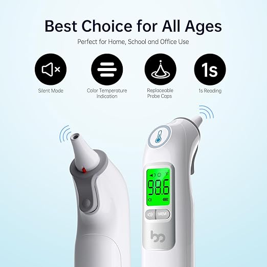 Ear Thermometer, Highly Accurate Ear Thermometer for Kids, Adults and Babies, 30 Memory Recall, 1s Result and 3-Color Fever Alert, with 24 Disposable Probe Covers, Gray