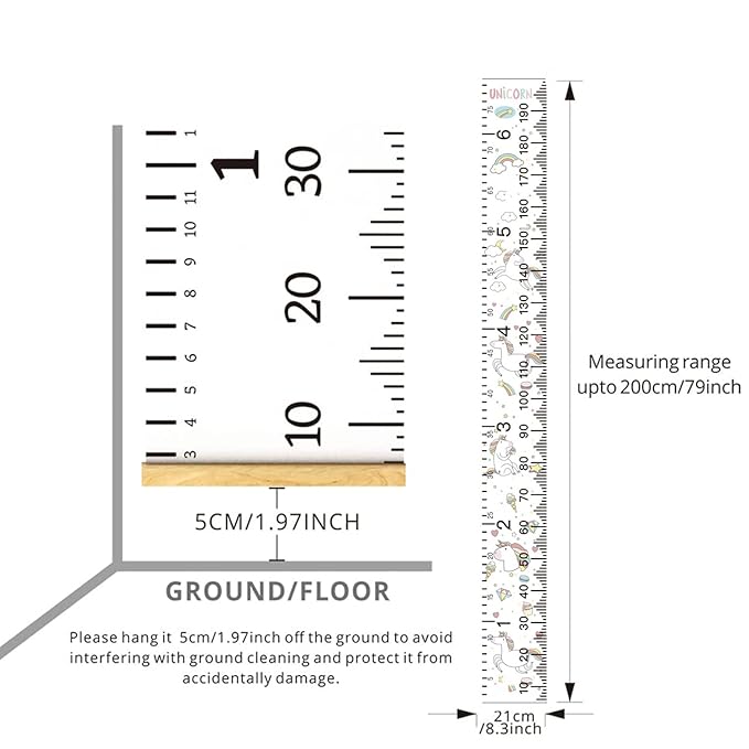 Growth Chart Wall Hanging, Portable Kids Wall Ruler Removable Height Measure Chart for Boys Girls Growth Ruler from Baby to Adult for Child's Room Decoration 79''7.9'' (Rainbow Unicorn)