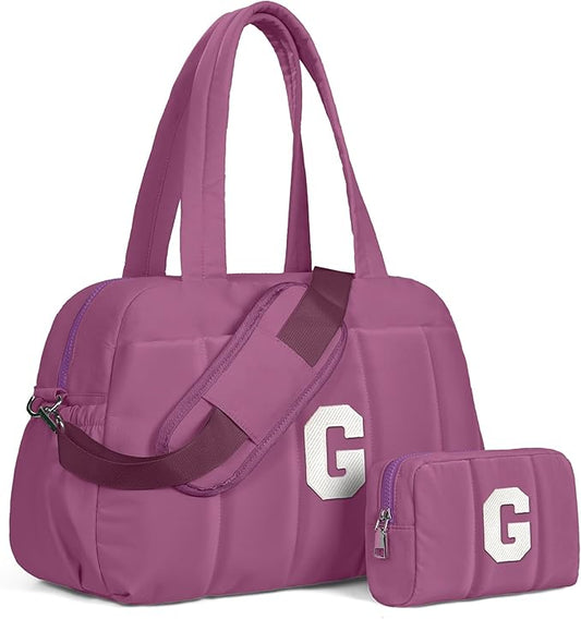 Duffle Bag with Initial, Spend The Night Bags for Women，Overnight Bag with Wet Pocket，Lightweight Travel Bags Personalized Gym Tote with Makeup Pouch