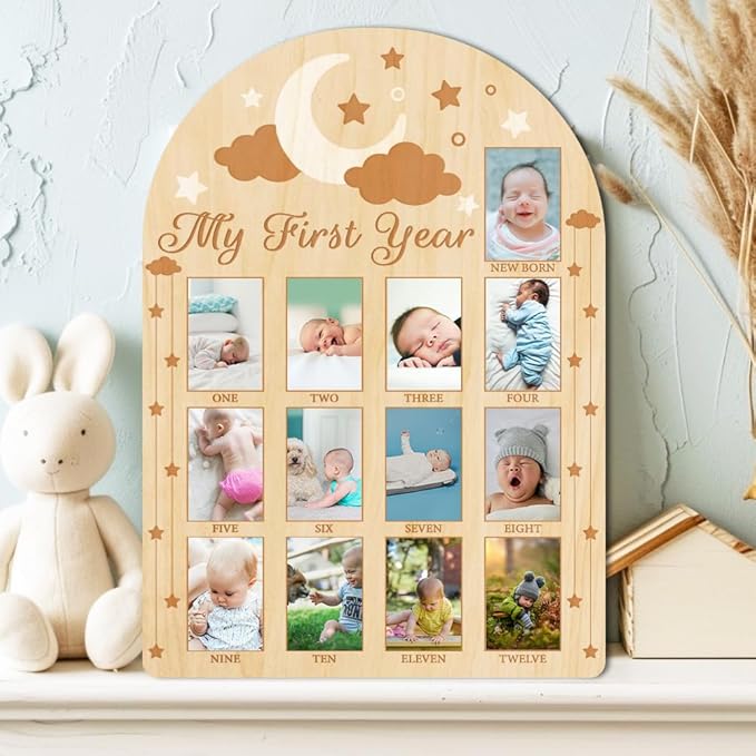 ORIGACH My First Year Baby Growth Photo Display Wood Board - 12 Months Newborn Milestones Photo Board - Neutral Baby Keepsake Frame 1st Birthday Party Nursery Decor New Mom Gift - Moon Star & Cloud