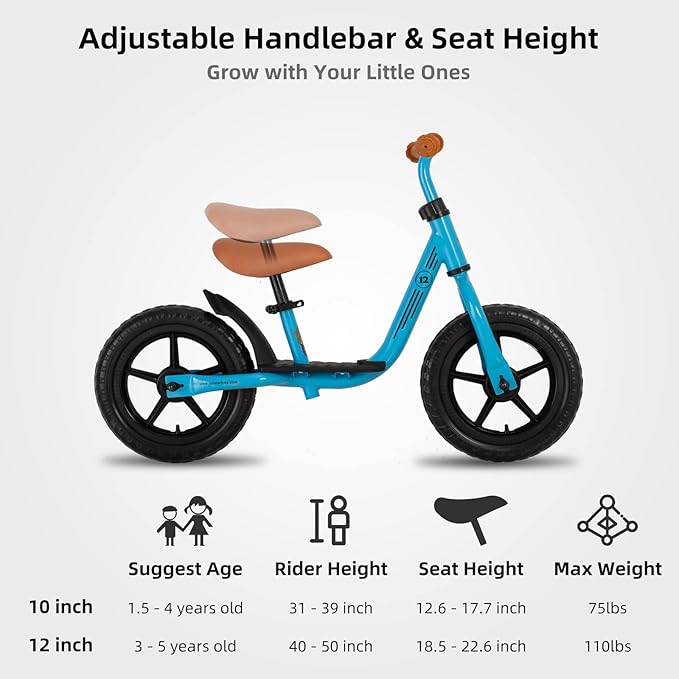 JOYSTAR 10"/12" Toddler Balance Bike for Girls & Boys, Ages 18 Months to 5 Years, Kids Push Bike with Footrest & Adjustable Seat Height, First Birthday Gifts for 2-5 Boys Girls