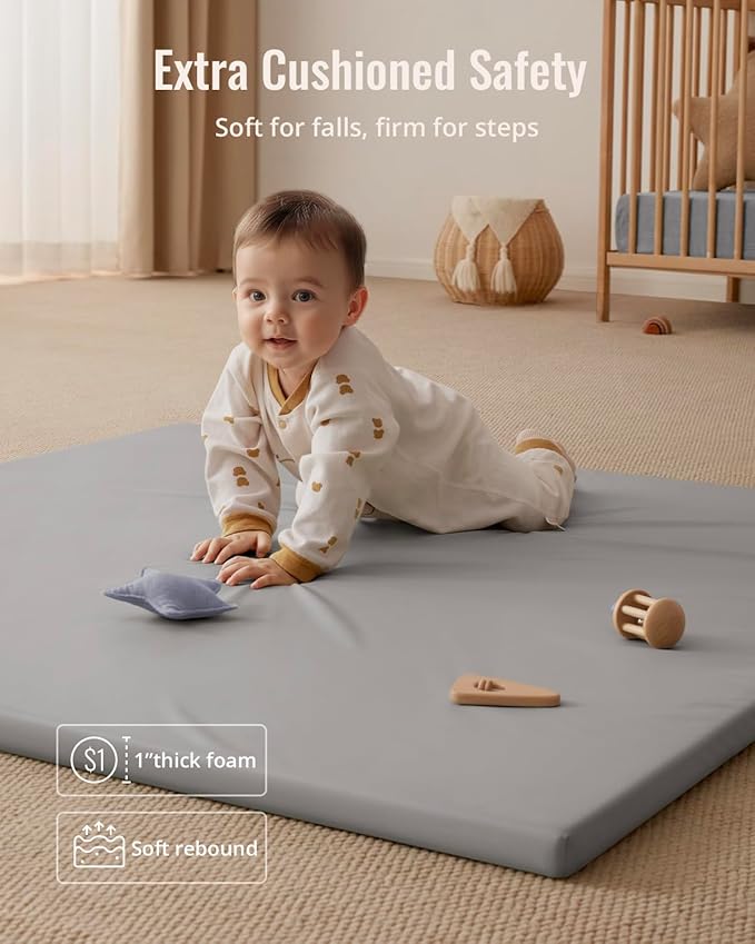 Blissful Diary Vegan Leather Baby Play Mat, 50x50 Thicken Foam Cushioned & Waterproof Playpen Mat for Infants and Toddlers, Stylish and Just Wipe-Clean Playmat for Baby Play on Floor, Light Gray