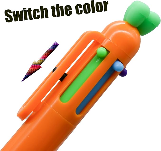 10 pieces Carrot-Shaped 6-Color Retractable Ballpoint Pens, Cute Vegetable Design Multicolor Writing Pens for School, Office, Note-Taking, Journaling (Assorted Colors)