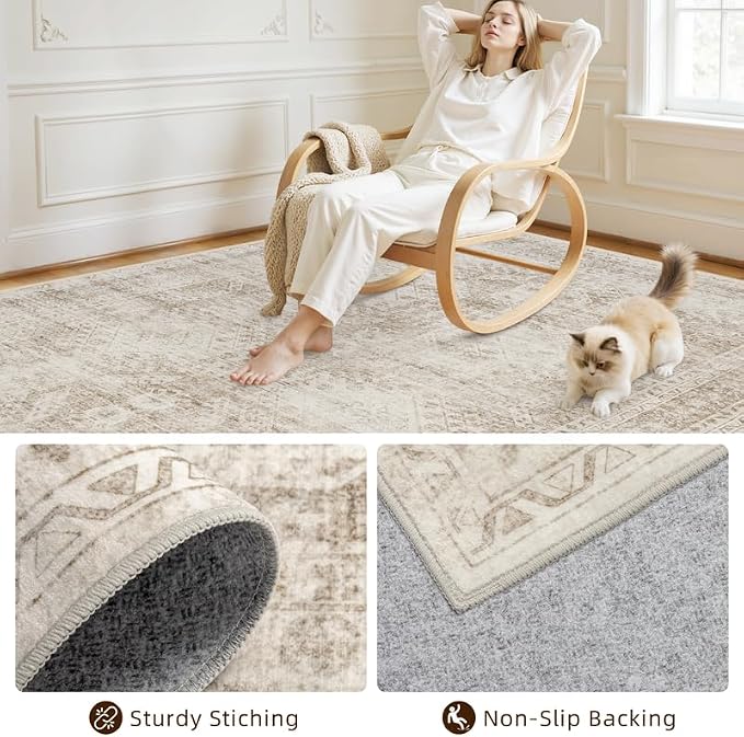 Round Area Rug for Living Room: 8ft Vintage Boho Neutral Washable Circle Rug - Image 7