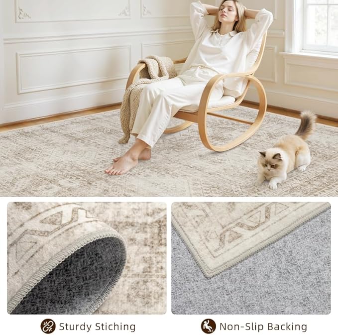 8x10 Area Rugs for Living Room: Vintage Boho Neutral Washable Rug Indoor Soft - Image 4