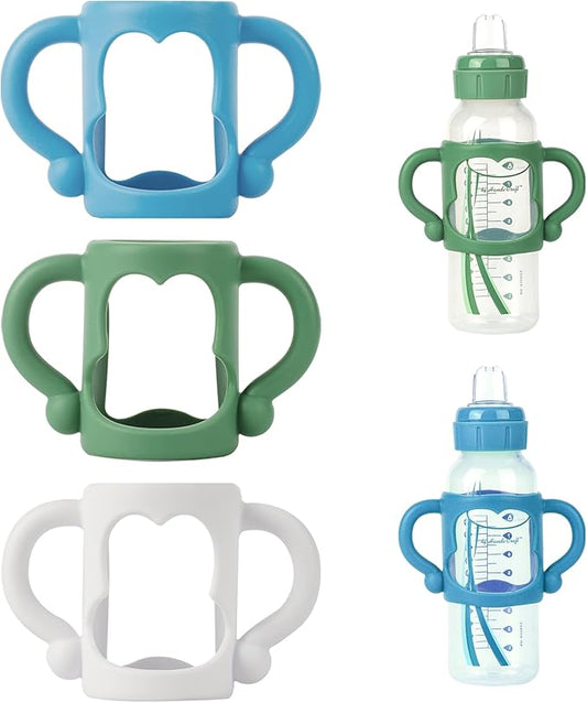Bottle Handles for Dr. Brown's Narrow Baby, Wide-Neck, Removable Easy-Grip Transitional Sippy Cup Handles, 100% Silicone-BPA-Free Material, 4m+ (White, Green, Blue)