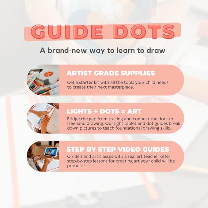 Guide Dots Kid's Art Confidence Kit with Light Up Bright Board – Drawing & Painting Kit – Video Instructions – Art Supplies, Markers, Chalk Pastels, Watercolors – Gift For Boys, Girls, Teens – Ages 8+