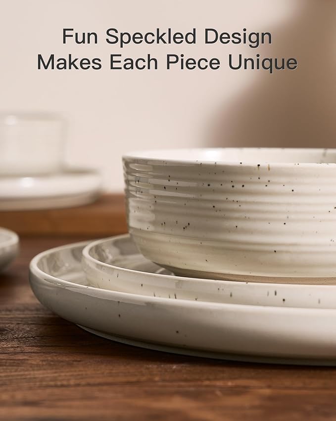 Stoneware Dinnerware Set for 8, Reactive Glaze Plates & Bowls, Shell Beige | - Image 4