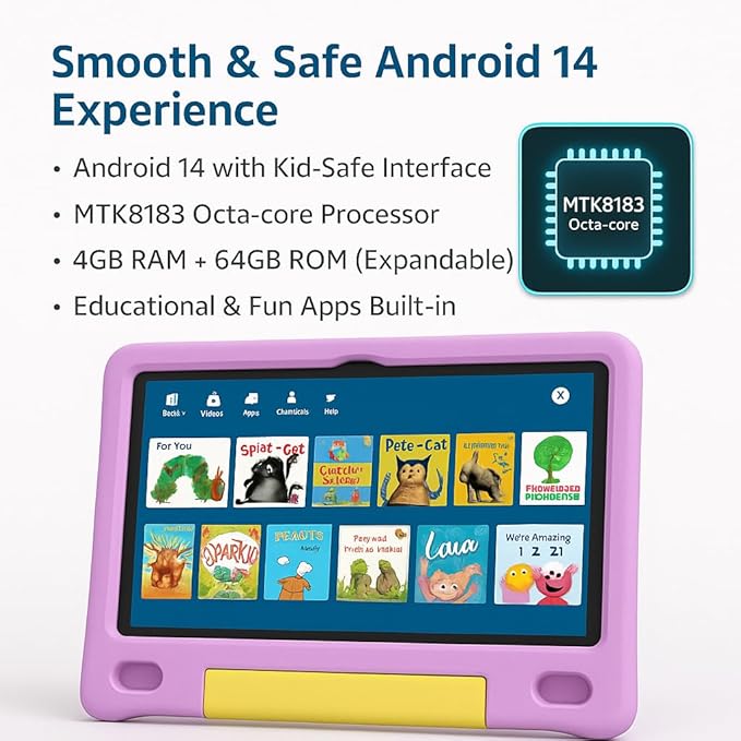 10.1 Inch Kids Tablet with Shockproof Case | Android 14, 64GB+8GB RAM, 12H Battery | Parental Control, Google Kids Space & Preloaded Educational Apps | WiFi 6, HD Display, Ages 3-12