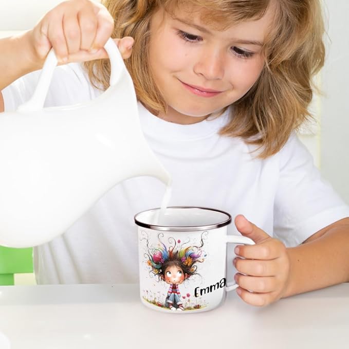 Personalized 12 oz Enamel Mug with Name - Custom Camping Coffee Mugs for Home, Work, Travel, Camping - Birthday Christmas Gift for Family Friend (Cute Quirky Girl)