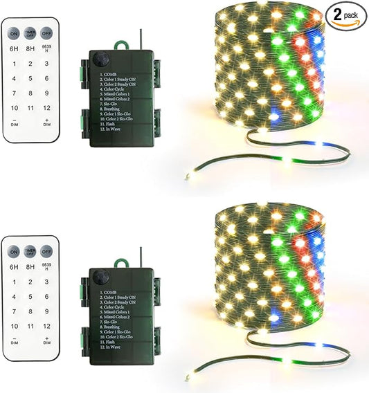 33ft Battery Operated String Lights (2 Pack), 100 LED Warm White & Multicolor Fairy String Lights Battery Powered w/Remote & Timer for Indoor Outdoor Christmas Trees Decoration Bedroom Patio