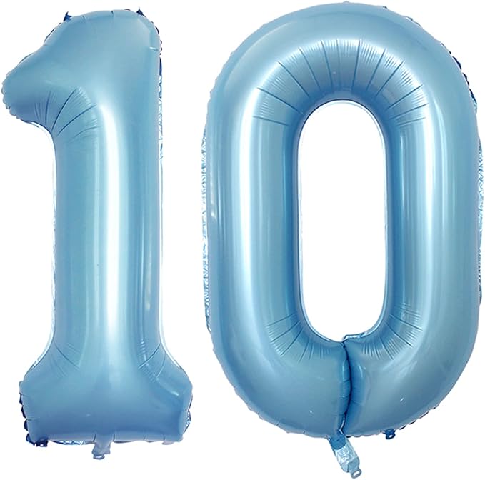GOER Number 10 Balloons for 10th Birthday Party Decorations,42 Inch Jumbo Foil Helium Balloons for 10th Anniversary (Light Blue)