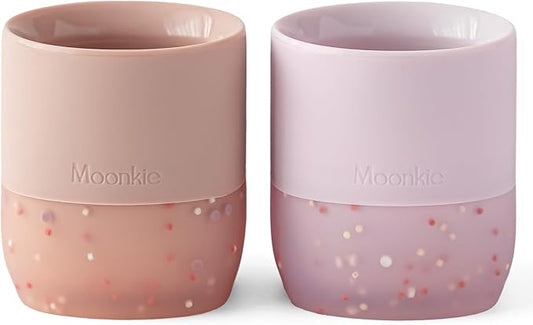 Moonkie Silicone Baby Cups 4 Months+ | Open Training Drinkware for Infants with Confetti Sprinkles | Baby-Led Weaning Essential | 2 oz (Blush/Soft Lilac, 2 Pack)