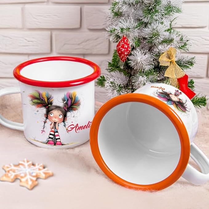 Personalized 12 oz Enamel Mug with Name - Custom Camping Coffee Mugs for Home, Work, Travel, Camping - Birthday Christmas Gift for Family Friend (Cute Quirky Girl)