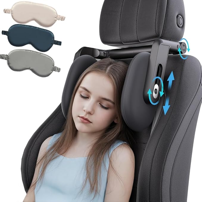 Car Headrest Pillow with Hook, Adjustable Car Seat Neck Support with Memory Foam & Ice Silk, 360° Rotating Travel Sleeping Headrest for Kids & Adults (1 Eye Mask Included)