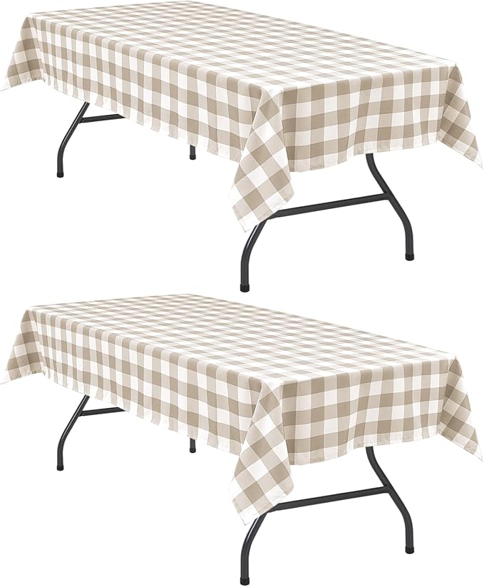 Khaki and White Checkered Tablecloth 60 x 60 inch, 2 Pack | Waterproof Buffalo by Hiasan