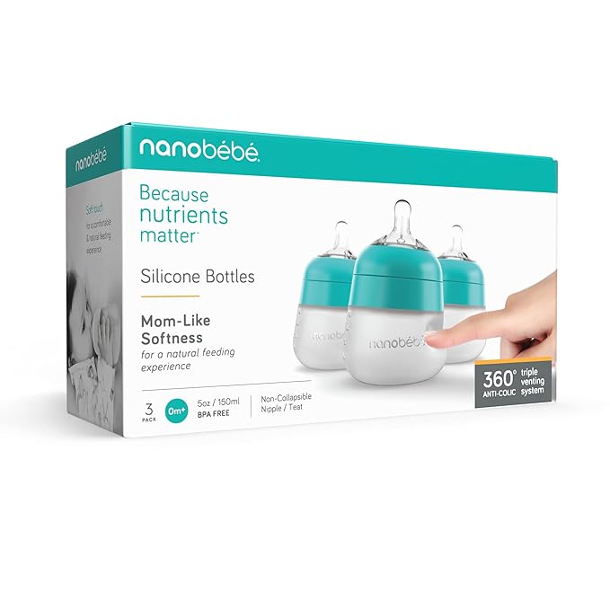 Nanobebe Flexy Silicone Baby Bottle, Anti-Colic, Natural Feel, Non-Collapsing Nipple, Non-Tip Stable Base, Easy to Clean 3-Pack, Teal, 5 oz