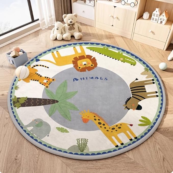 Poowe Cute Animals Kids Room Rug, 47.2" Round Washable Area Rugs Nursery Carpet - Image 2