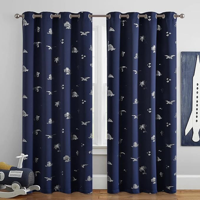 Vangao Kids Curtains Navy Blue Blackout Dinosaur Curtains for Boys Kids Nursery Girls Room Silver Dino Foil Print Thermal Insulated Drapes Grommet Top Window Treatments 84 Inches Length 2 Panels