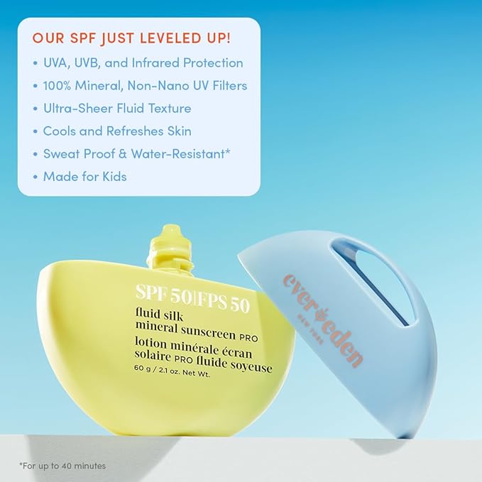 Evereden SPF50 Fluid Silk Mineral Kids Sunscreen: Clean Cooling Non-Nano UVA, UVB, & IR Protection for Sensitive Skin - Sheer, Lightweight, & Waterproof for Up to 40 Mins - Beach Day Toddler Sunscreen