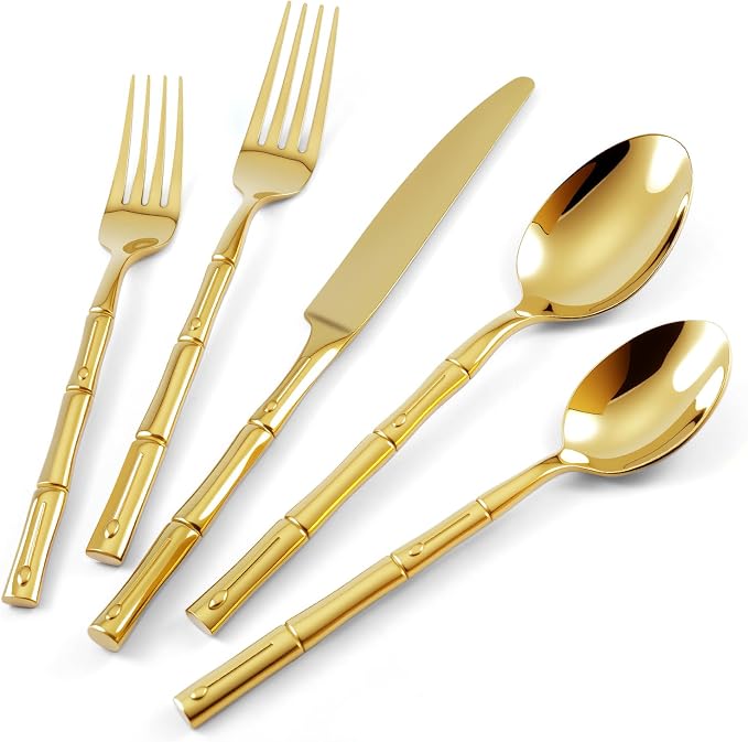 Gold Silverware Set 60-Piece Bamboo Pattern Service by SILWELLSilverwareSet